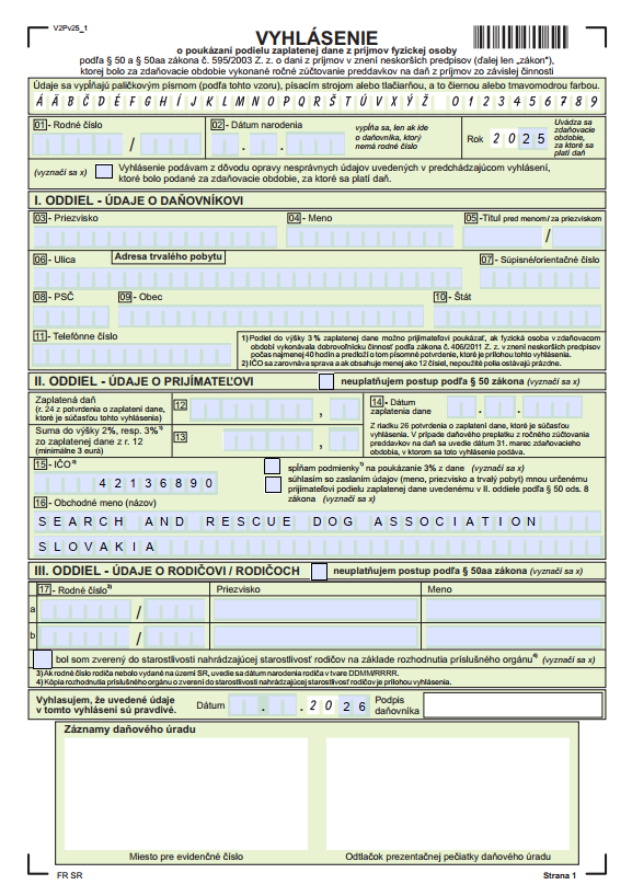 Vyhlásenie o poukázaní podielu zaplatenej dane z príjmov fyzickej osoby